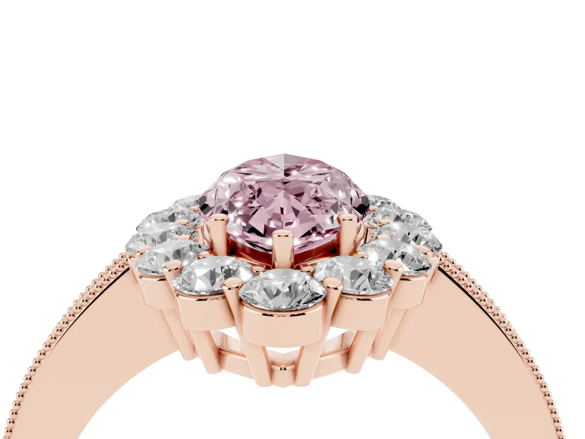 Fancy Pink Marquise Cut Cut Halo Diamond Pavé Engagement Ring with Milgrain Detailing Rose gold