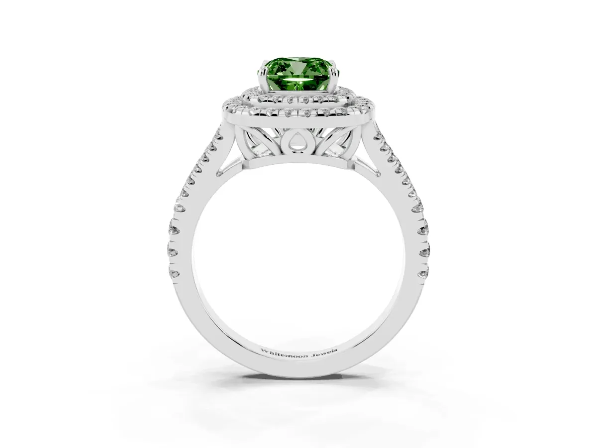 Fancy Green Cushion Cut Diamond Double Halo Ring with Pavé Band and Prong Setting Platinum