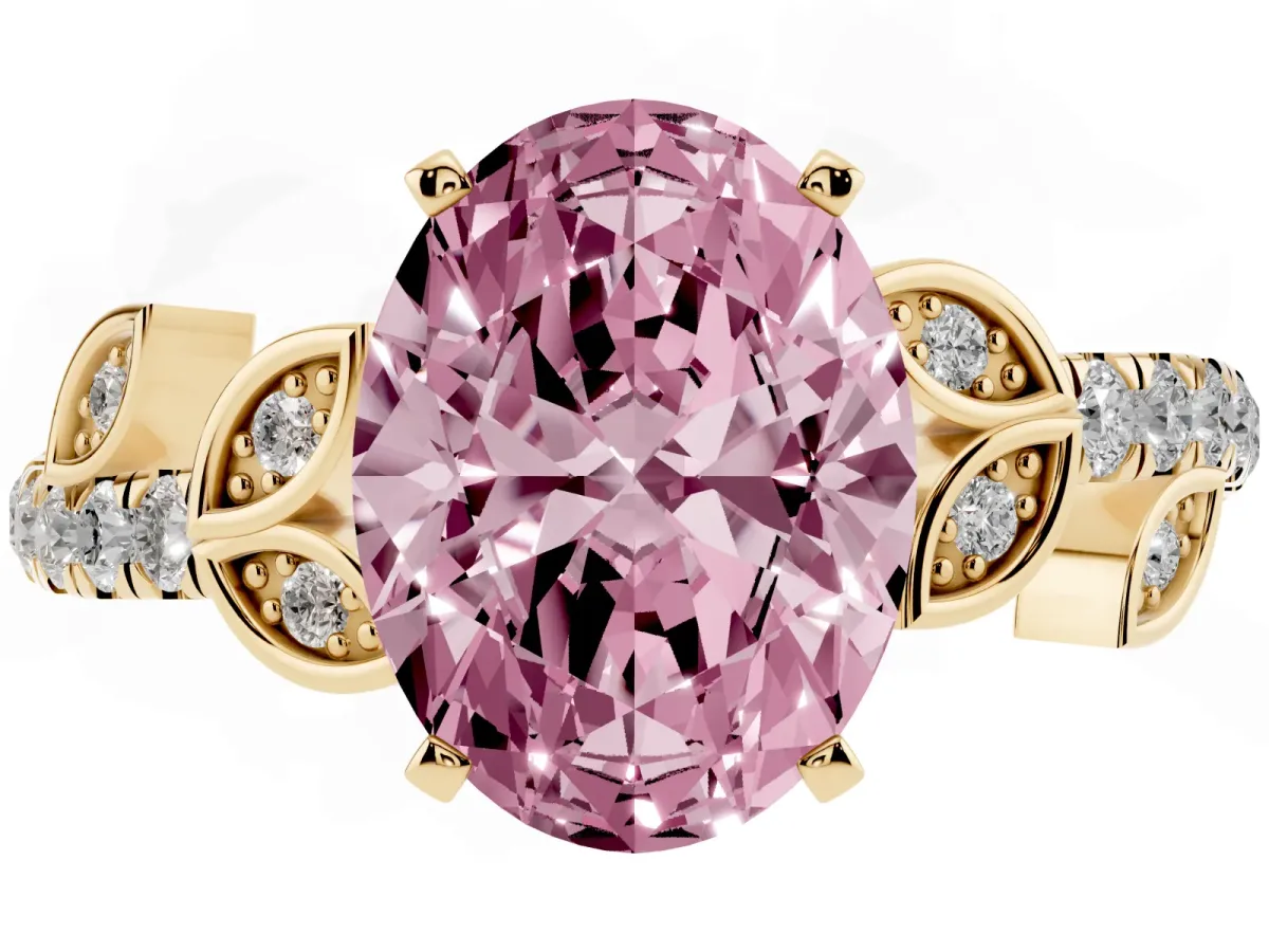 Fancy Pink Oval Cut Solitaire Leaf-Inspired Diamond Ring with Pavé Band and Four-Prong Setting Yellow gold