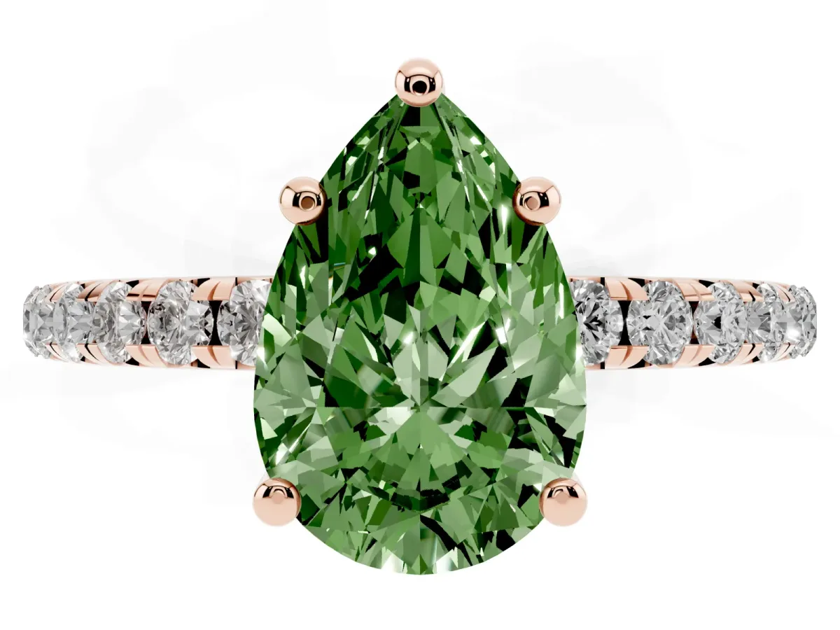 Fancy Green Pear Cut Cut Diamond Solitaire Ring with Micro Pave Band and Four Prong Setting Rose gold