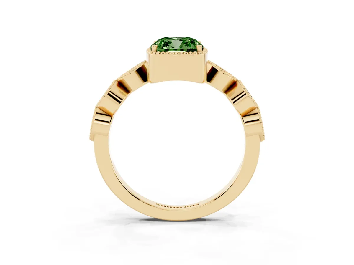 Fancy Green Cushion Cut Diamond Vintage Milgrain Ring with Round Stations Yellow gold