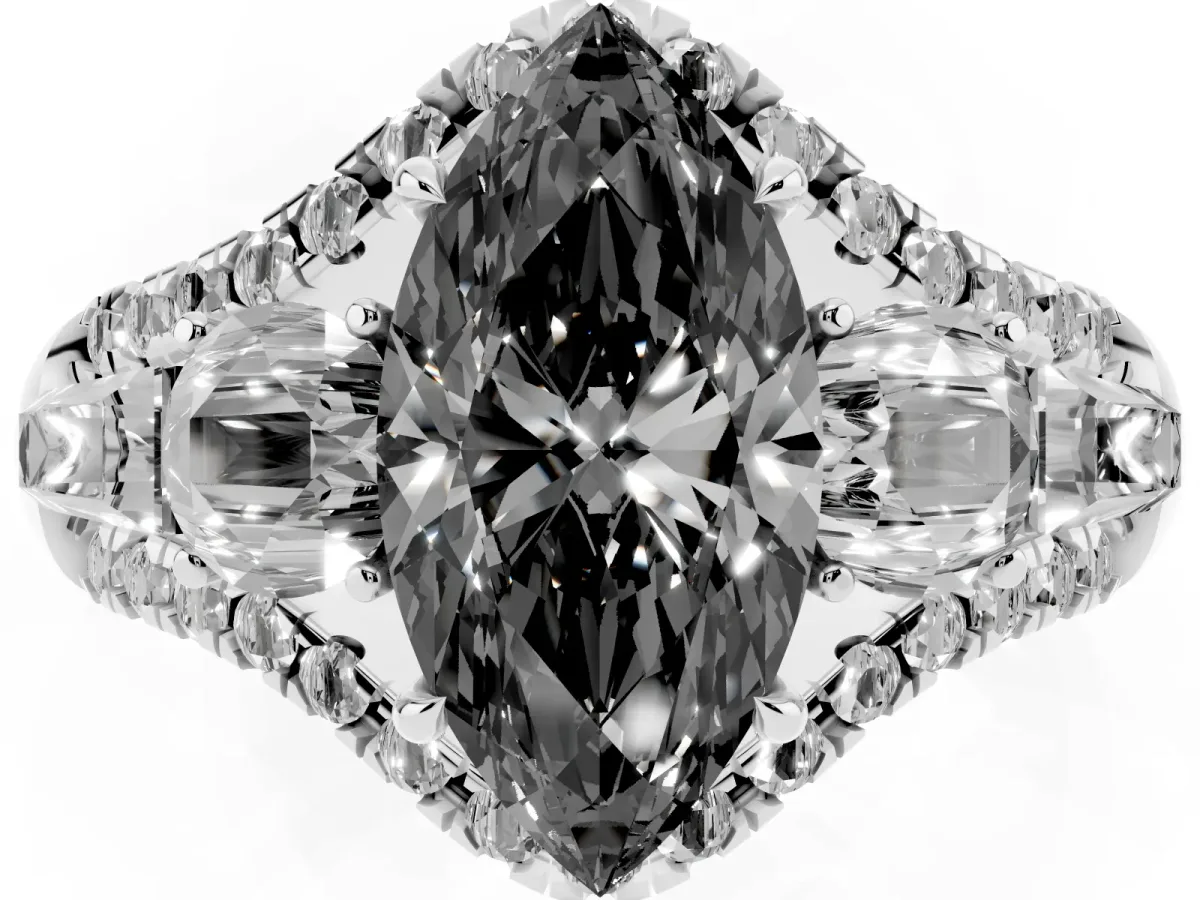 Fancy Black Three-Stone Marquise Cut Diamond Engagement Ring with Pave Band and Prong Setting Silver