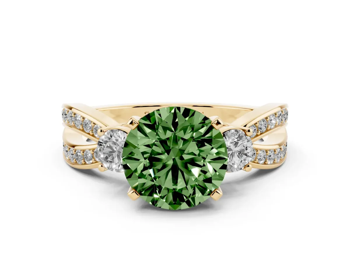 Fancy Green Three-Stone Round Cut Cut Diamond Twist Band with Prong Setting Yellow gold