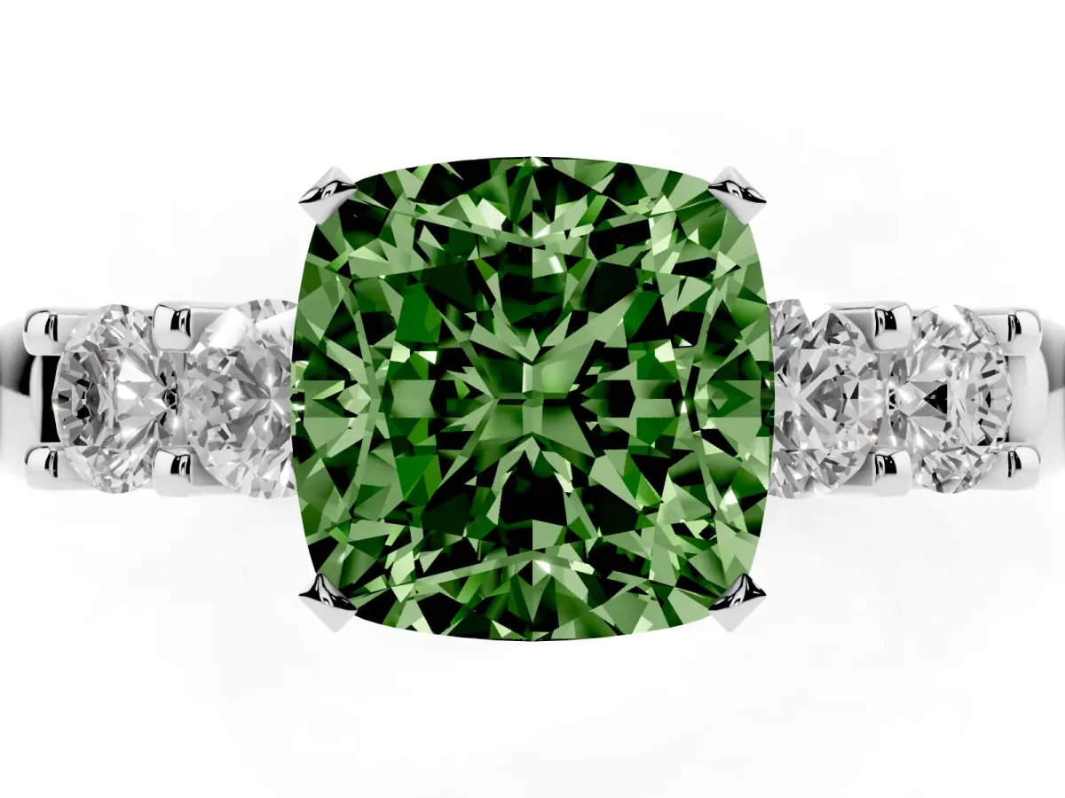 Fancy Green Cushion Cut Brilliant Cut Diamond Five-Stone Prong Set Engagement Ring with Channel Band White gold