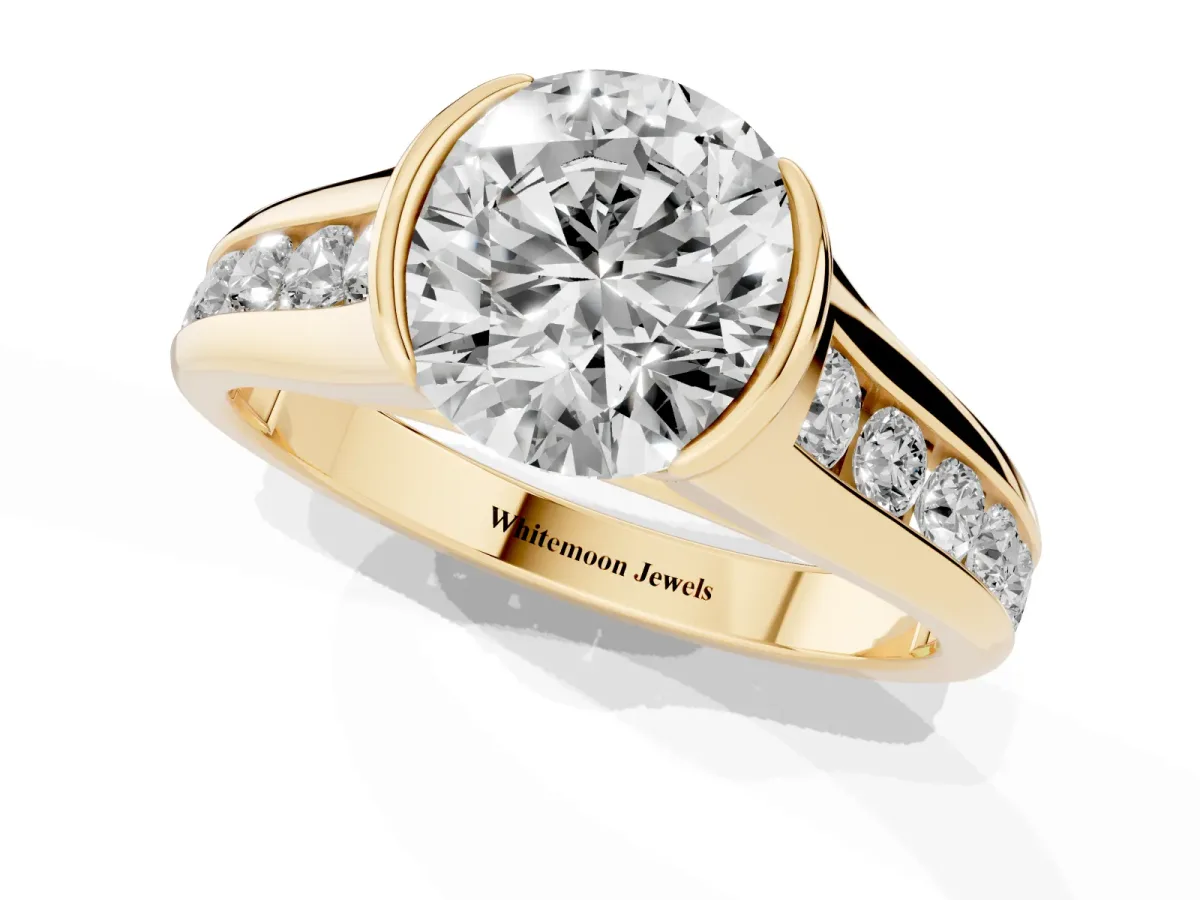 Round Cut Solitaire Bezel-Set Diamond Ring with Channel-Set Band Yellow gold