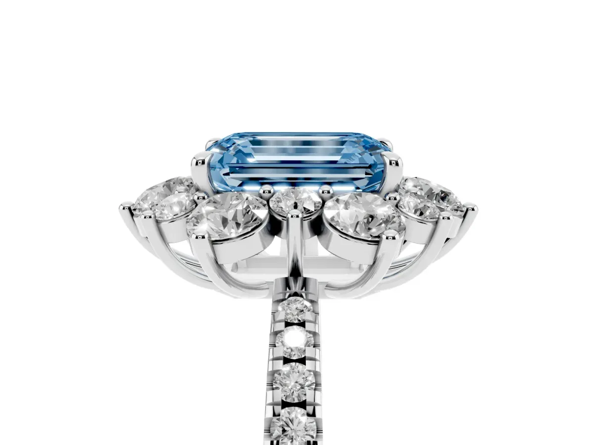 Fancy Blue Emerald Cut Diamond Floral Halo Ring with Round Pavé Band and Prong Setting Silver