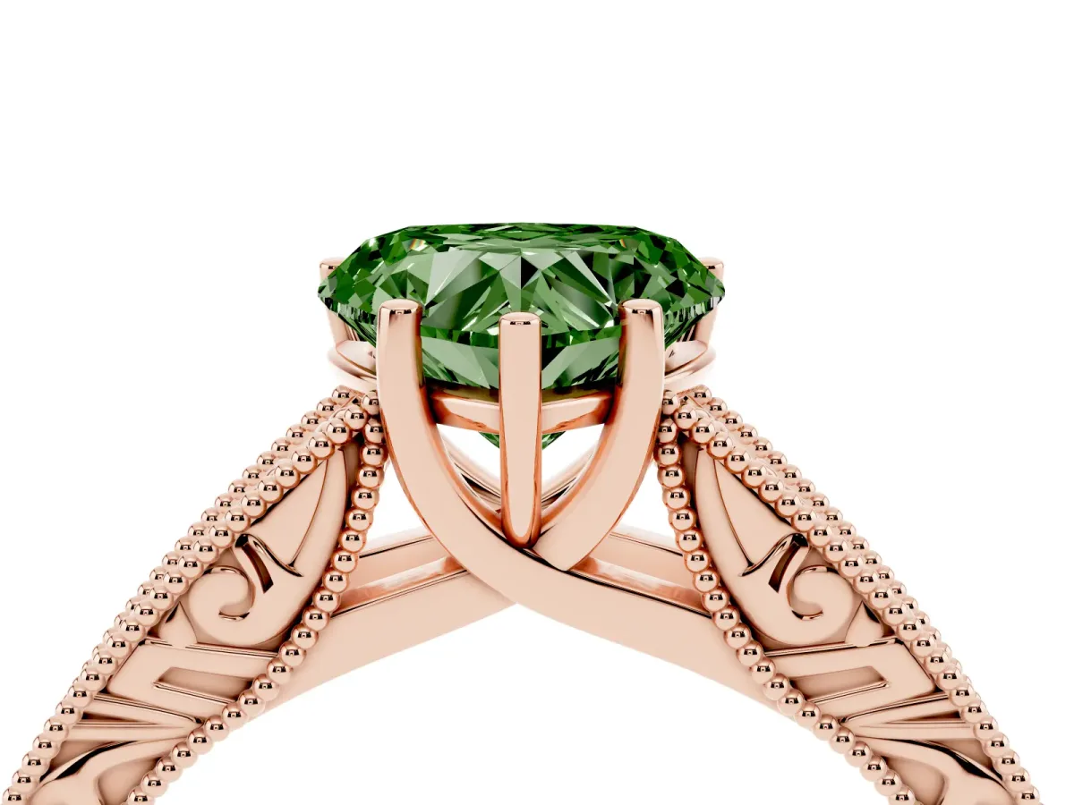 Fancy Green Heart Cut Diamond Solitaire Ring with Engraved Band and Four-Prong Setting Rose gold