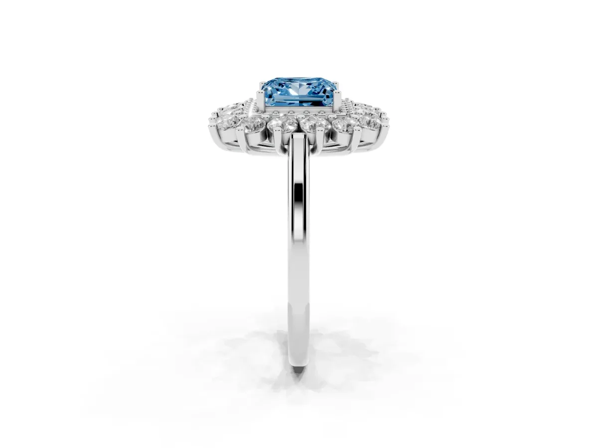 Fancy Blue Princess Cut Diamond Floral Double Halo Engagement Ring with Prong Setting Silver