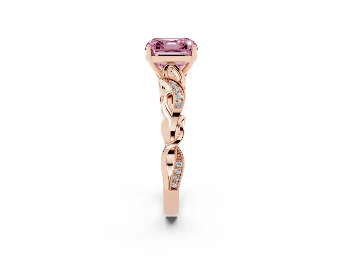 Fancy Pink Asscher Cut Solitaire Vine Band with Milgrain Prong Setting Rose gold