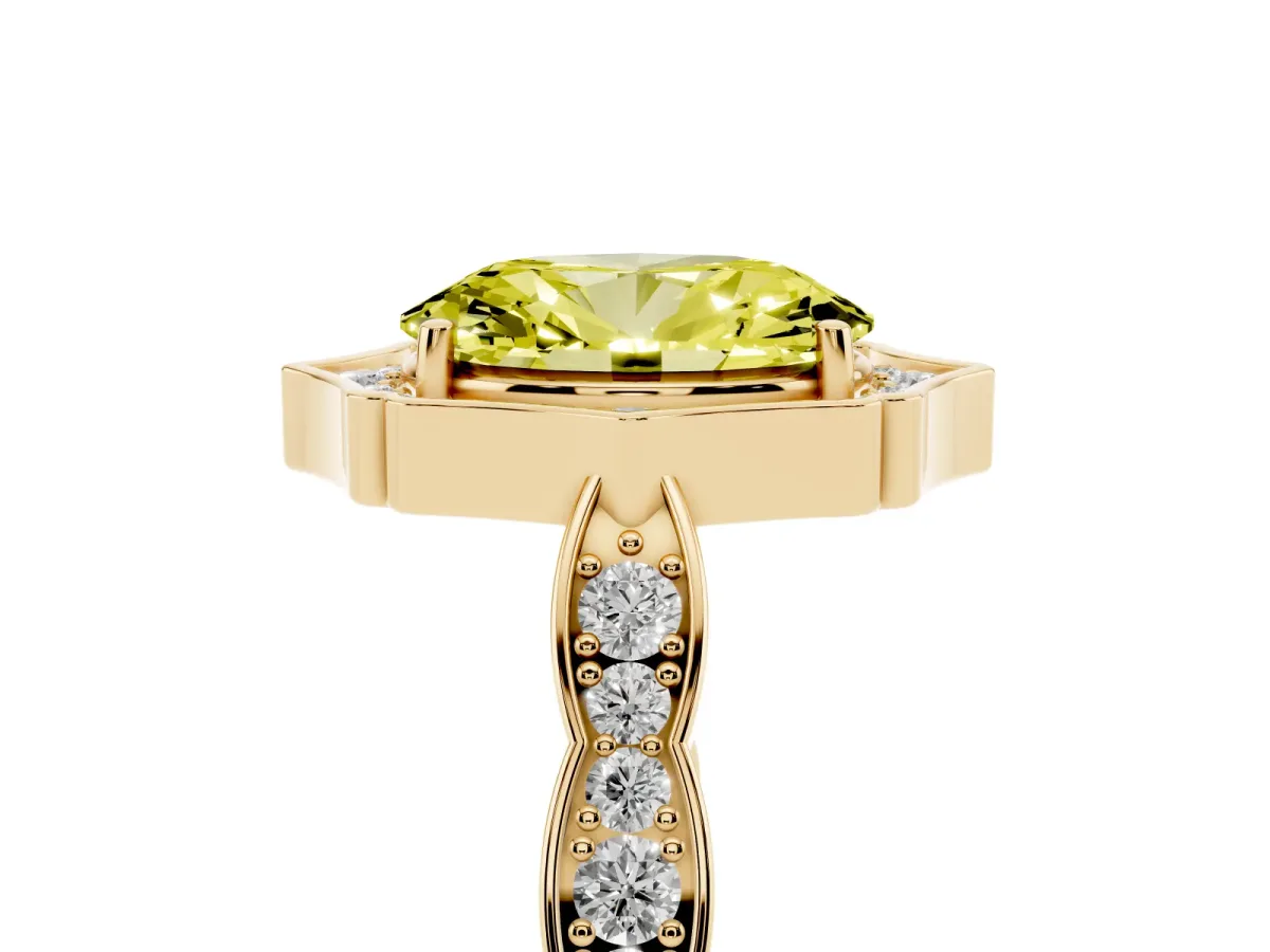 Fancy Yellow Oval Cut Halo Diamond Engagement Ring with Milgrain Band and Four-Prong Setting Yellow gold
