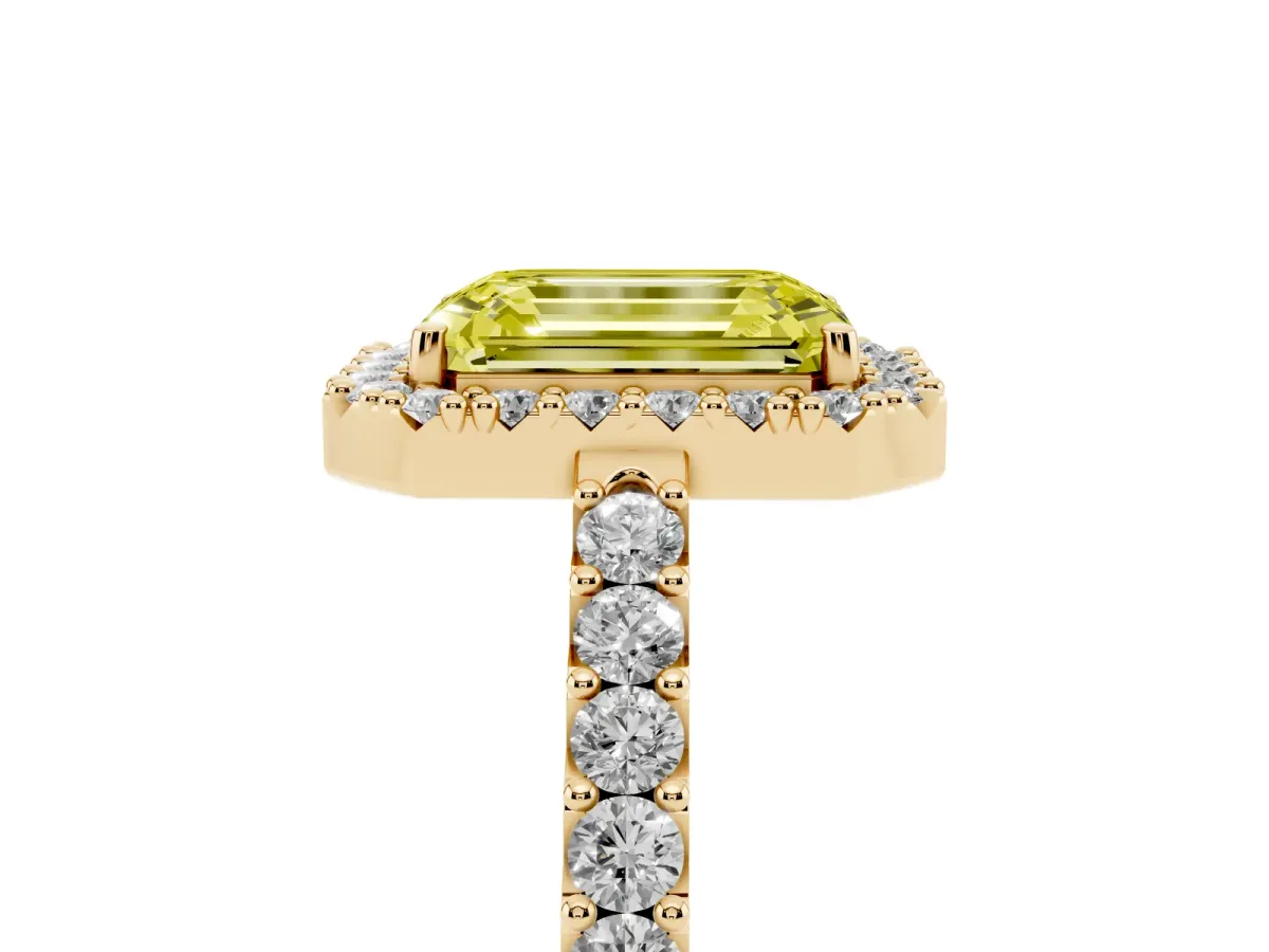 Fancy Yellow Emerald Cut Halo Diamond Pavé Solitaire Ring Yellow gold