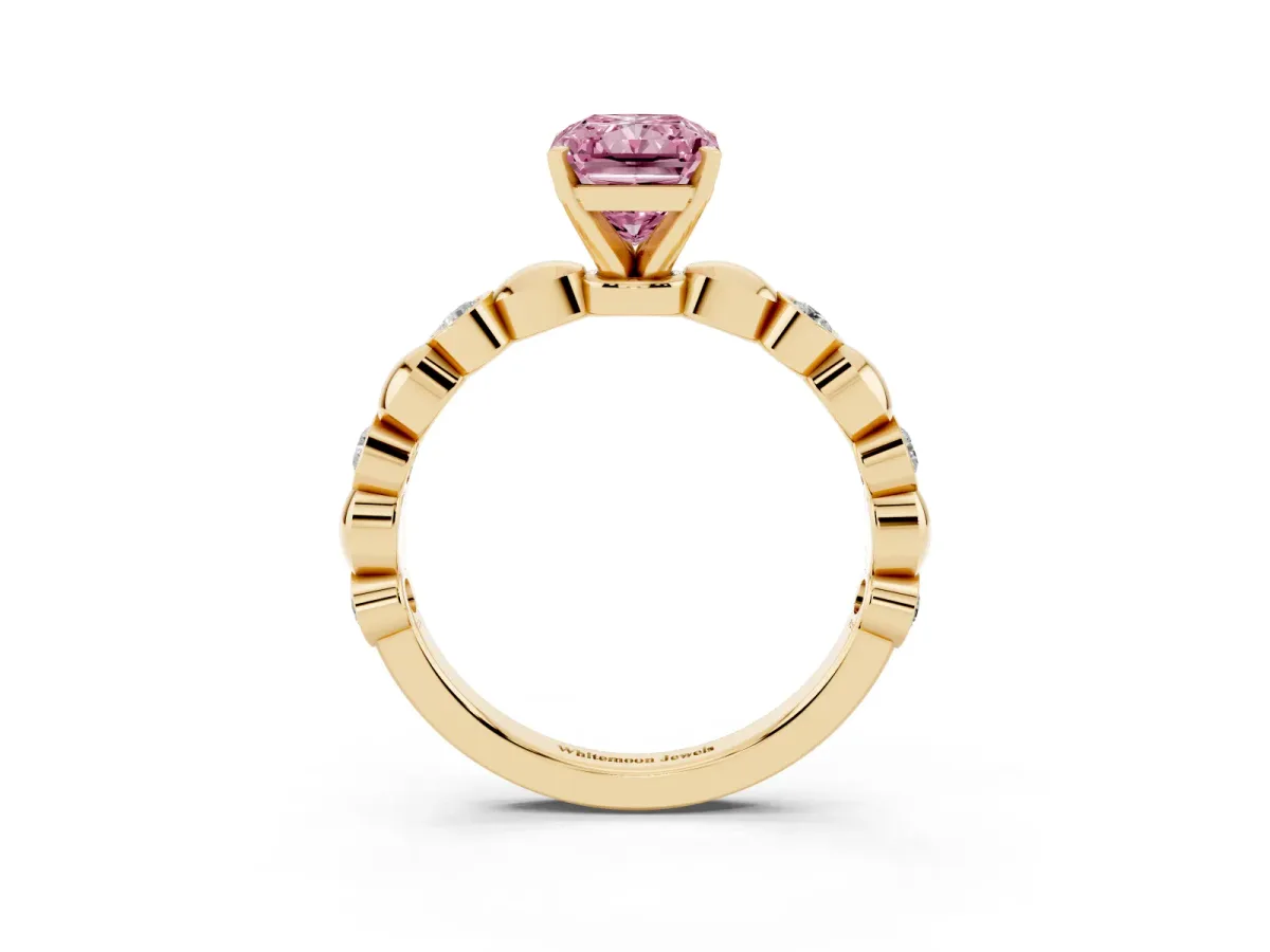 Fancy Pink Radiant Cut Solitaire Bezel-Set Diamond Ring with Beaded Band and Four-Prong Setting Yellow gold