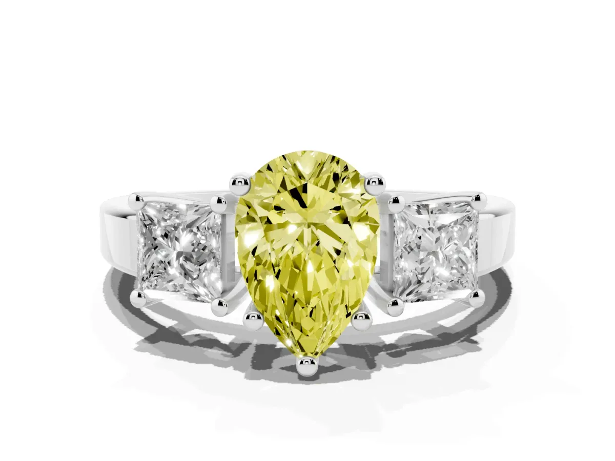 Fancy Yellow Three-Stone Pear Cut Cut Solitaire Ring with Prong Setting Platinum