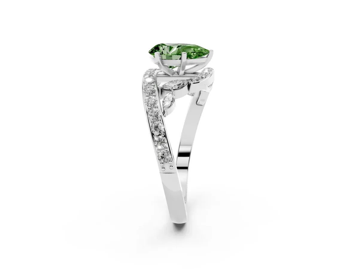 Fancy Green Pear Cut Solitaire with Pavé Twist Band and Four-Prong Setting Silver