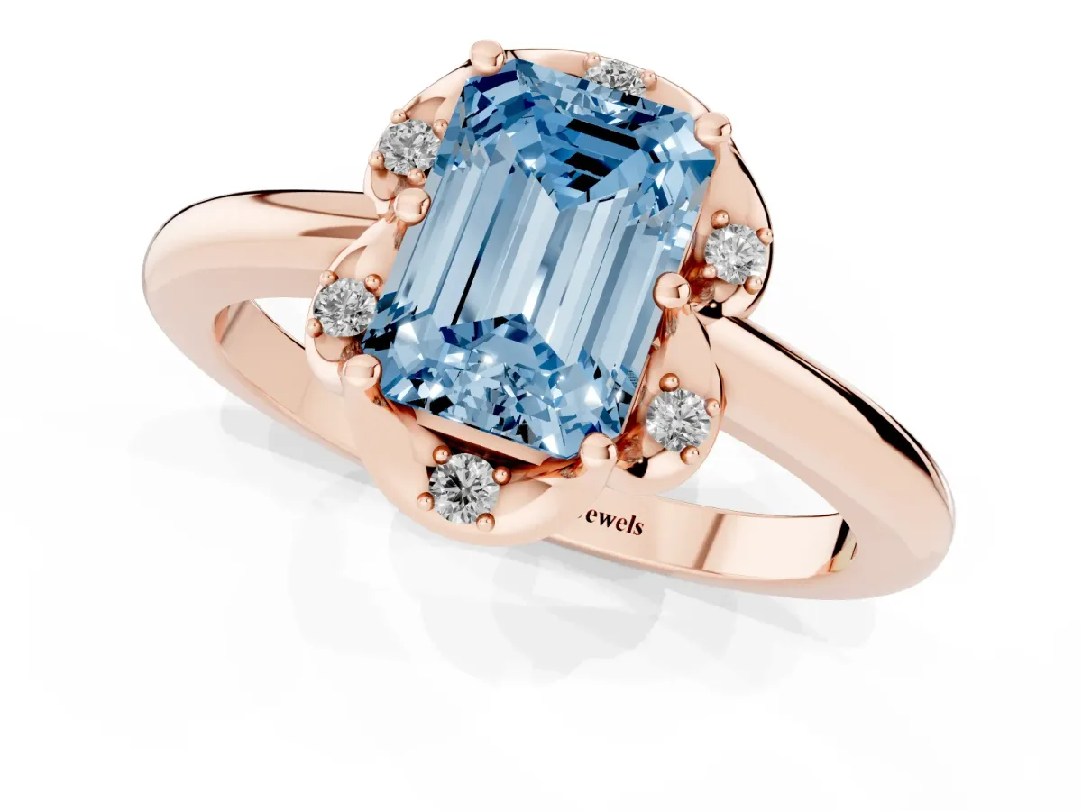 Fancy Blue Emerald Cut Halo Diamond Ring with Round Cluster Setting, Solitaire Band, and Four-Prong Setting Rose gold