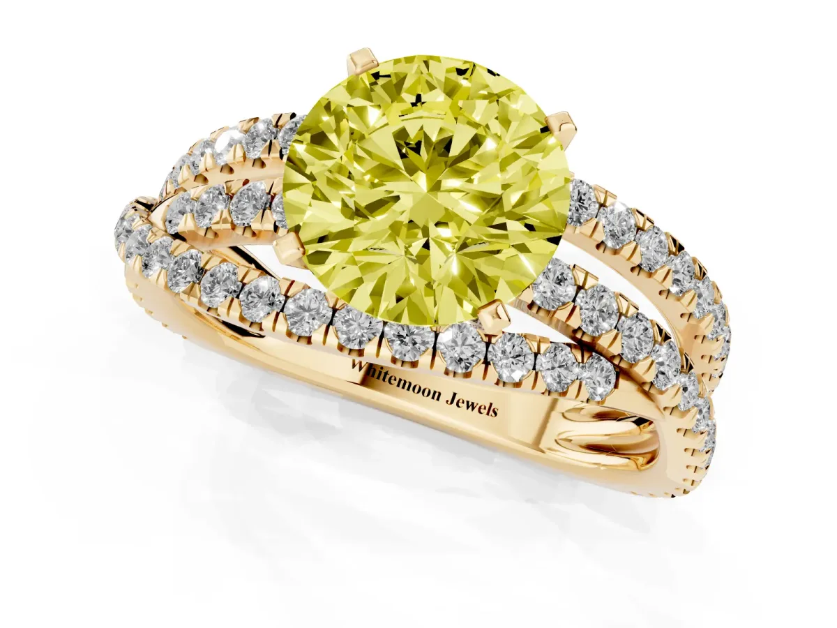 Fancy Yellow Round Cut Solitaire Twist Band with Pavé Setting and Four-Prong Setting Yellow gold