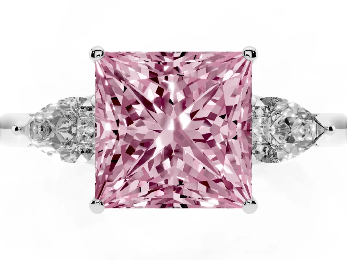 Fancy Pink Three-Stone Princess Cut Brilliant Diamond Solitaire Ring with Tapered Band and Four-Prong Setting White gold