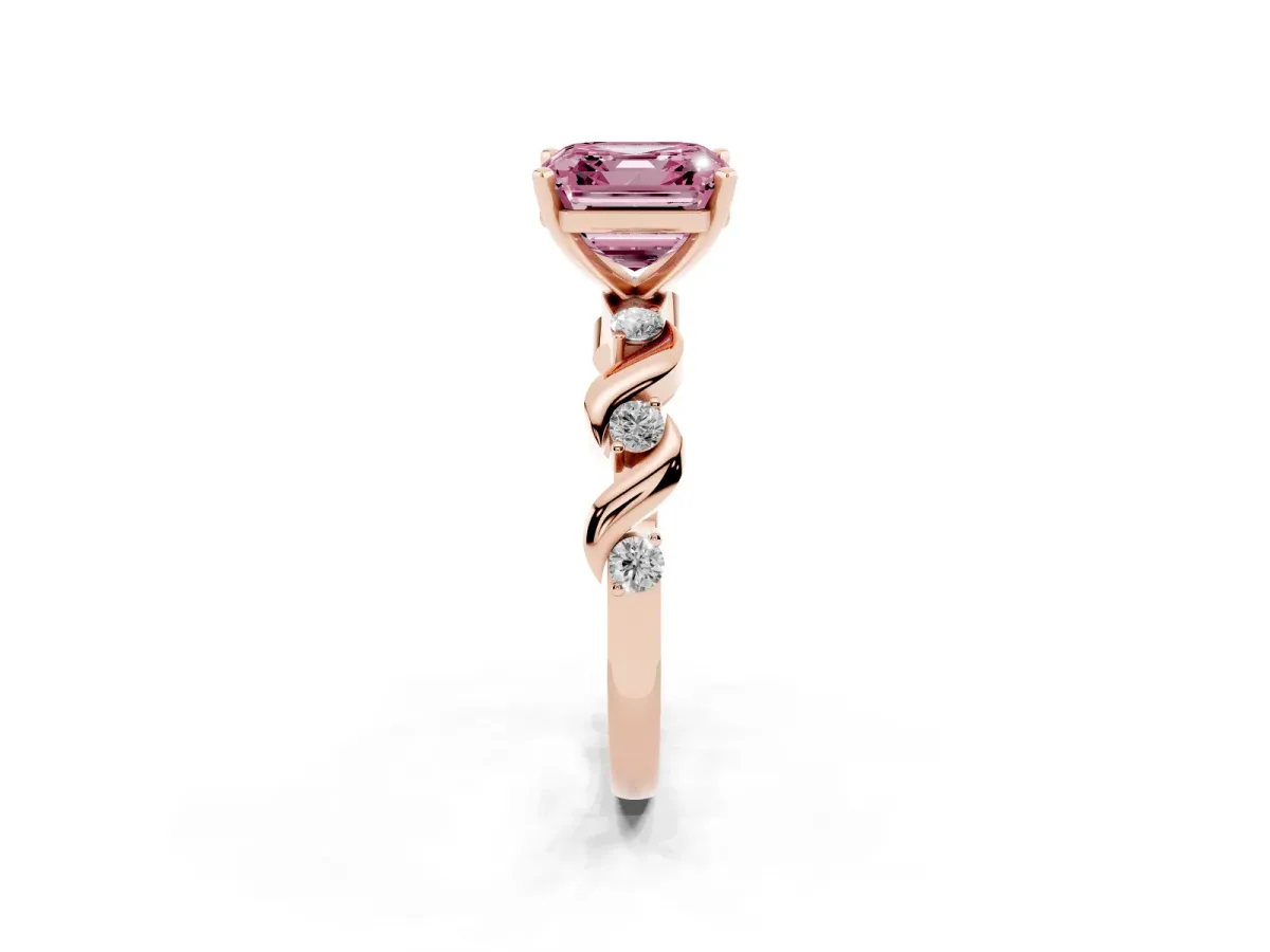 Fancy Pink Asscher Cut Diamond Solitaire Twisted Band with Round Accents and Prong Setting Rose gold