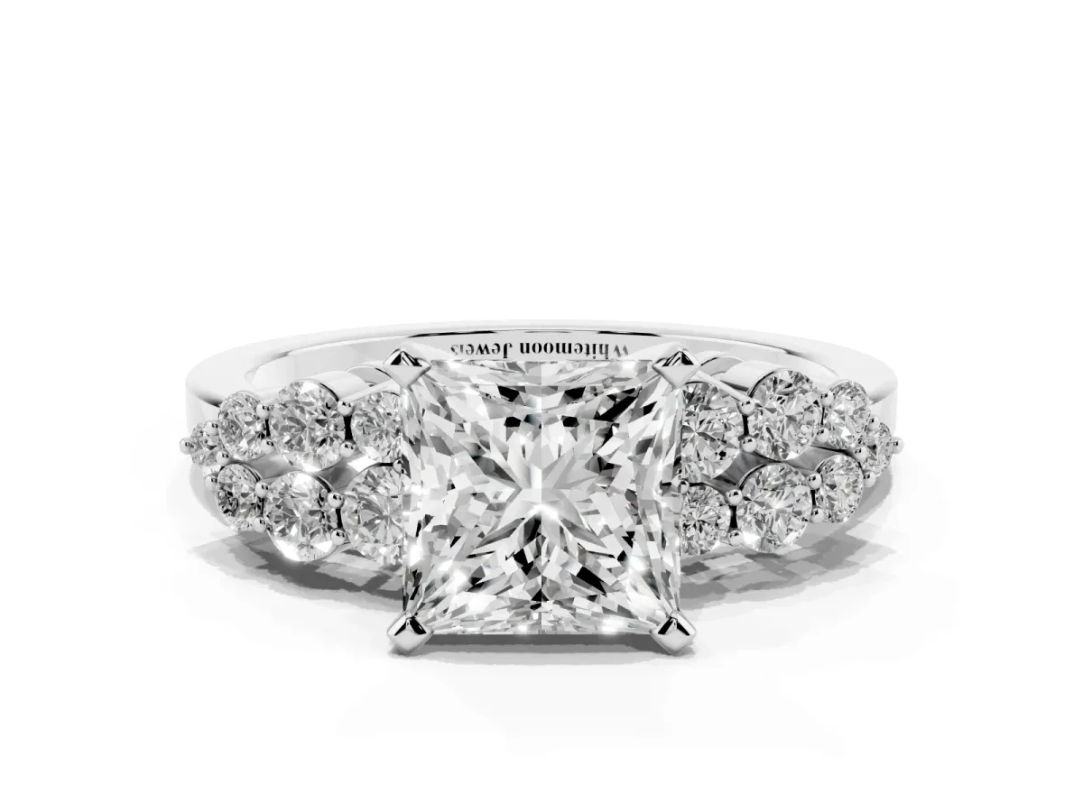 Princess Cut Cluster Diamond Engagement Ring with Pavé Band and Four-Prong Setting Platinum