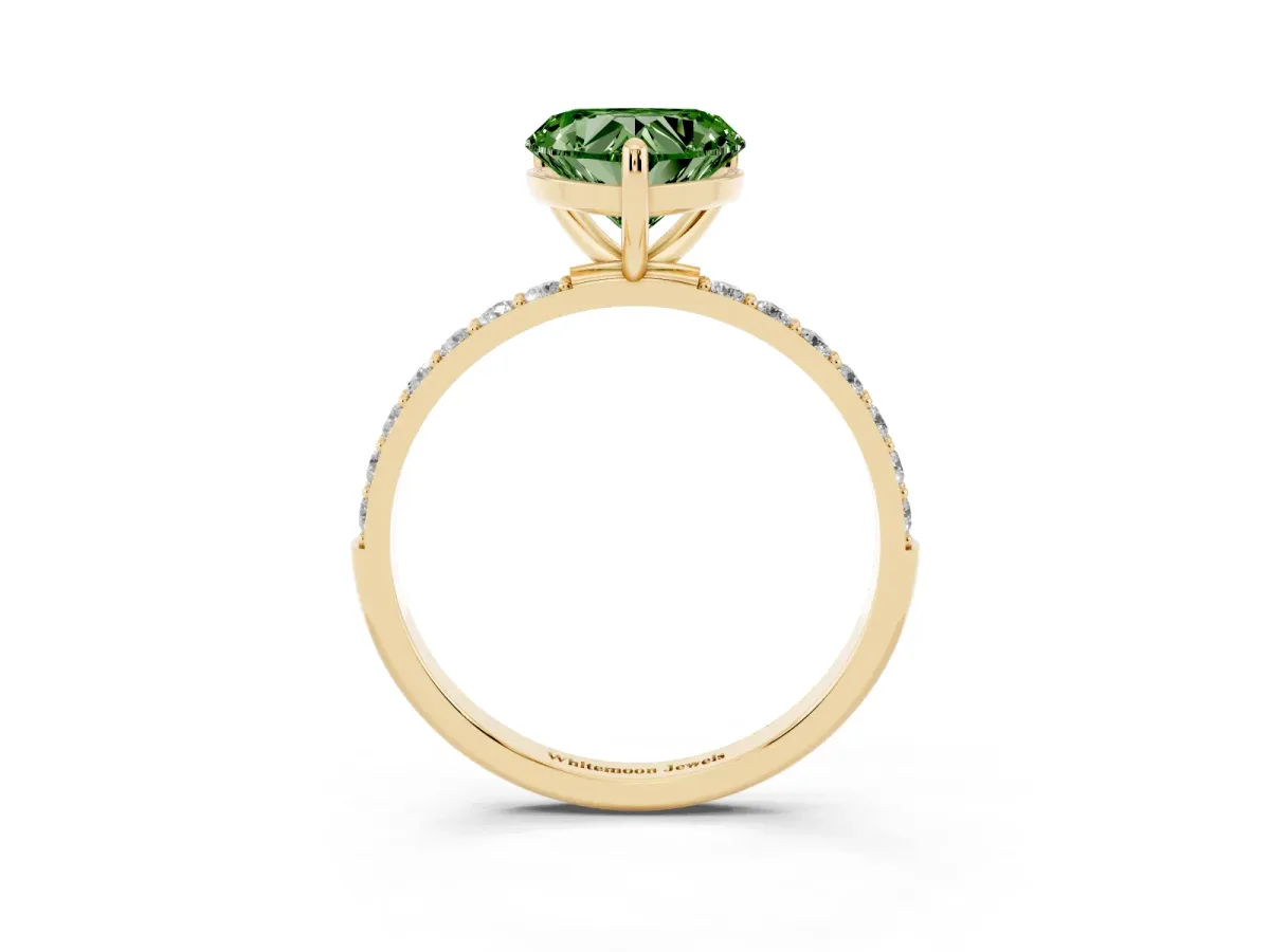 Fancy Green Heart Cut Diamond Solitaire Ring with Round Pavé Band and Prong Setting Yellow gold
