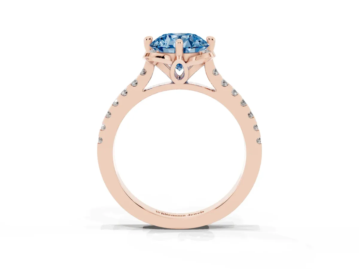 Fancy Blue Round Cut Diamond Ring with Pavé Band and Floral Prong Setting Rose gold