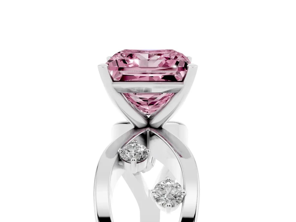 Fancy Pink Princess Cut Cut Solitaire Diamond with Side Stones on Criss-Cross Band and Four-Prong Setting Platinum