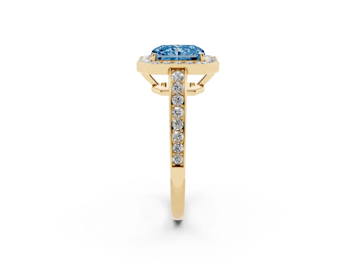 Fancy Blue Radiant Cut Halo Pavé Diamond Engagement Ring with Bezel Setting Yellow gold