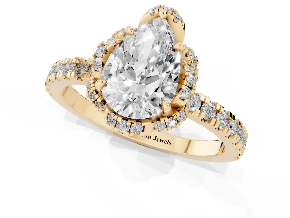 Pear Cut Diamond Halo Pave Band with Four-Prong Setting Yellow gold