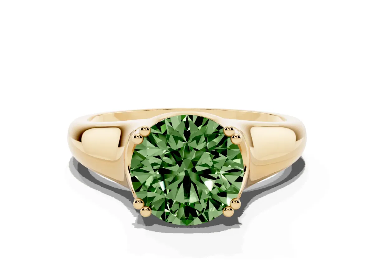Fancy Green Round Cut Diamond Solitaire Ring with Wide Band and Prong Setting Yellow gold