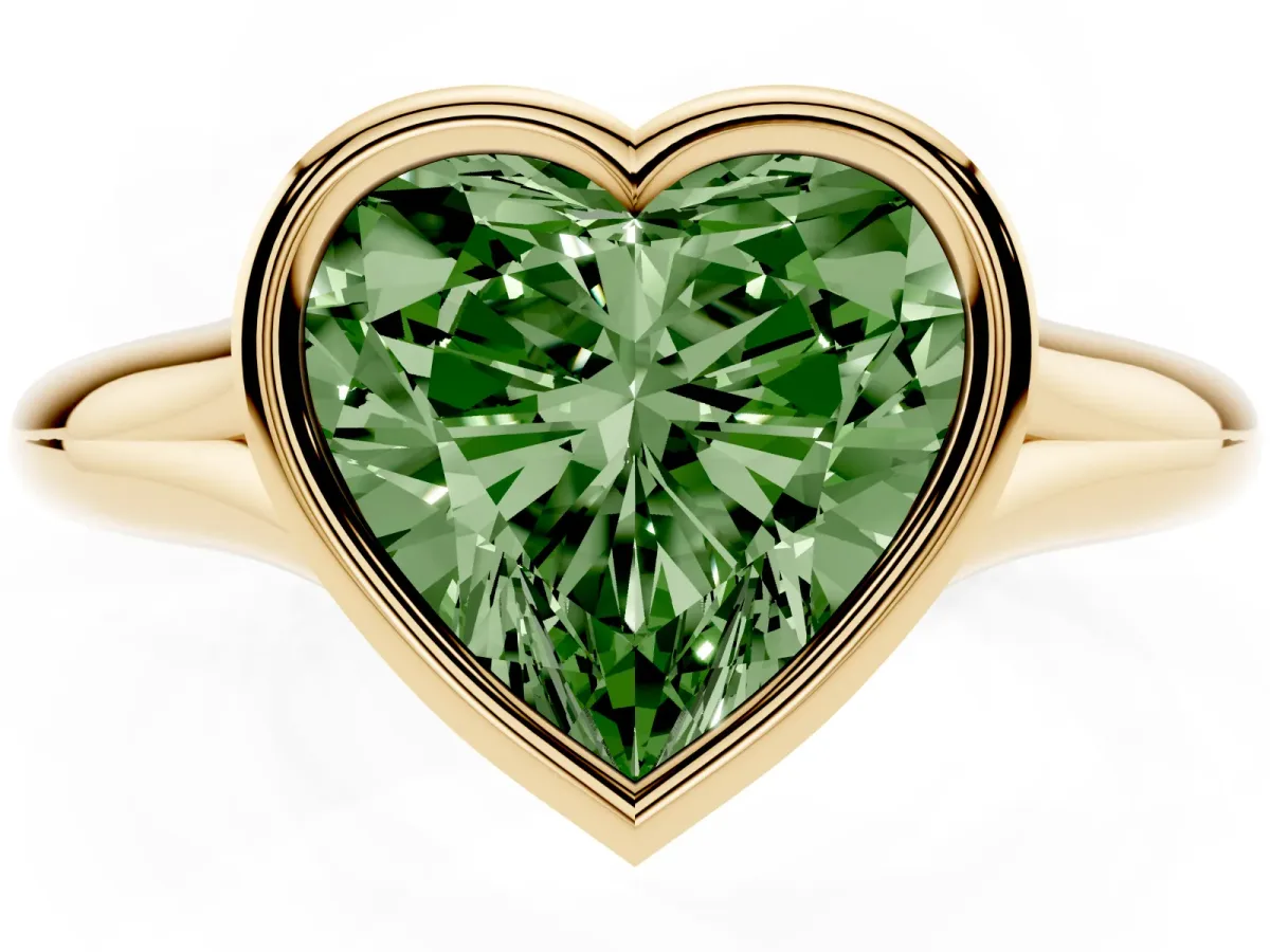 Fancy Green Bezel Set Heart Cut Solitaire Diamond Ring with Smooth Band Yellow gold