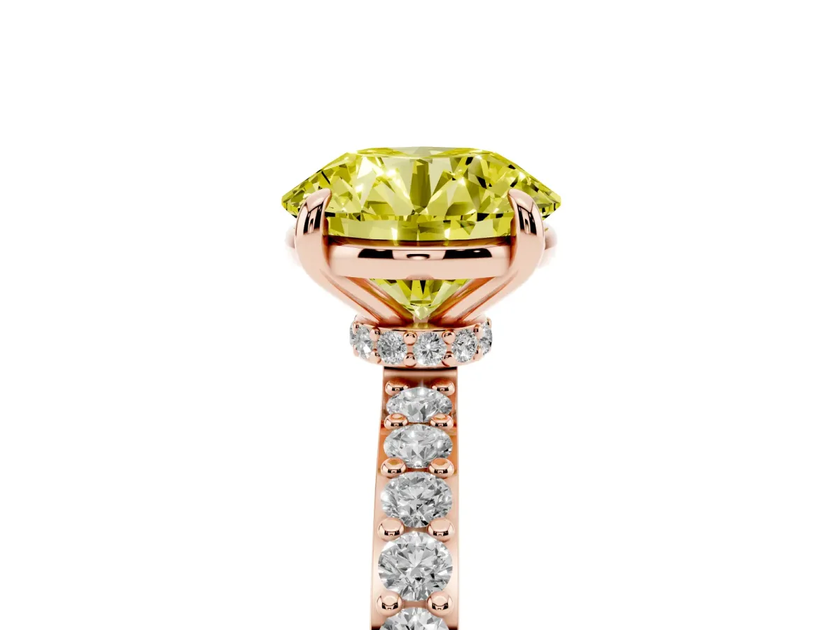 Fancy Yellow Round Cut Diamond Pavé Engagement Ring with Round Accents and Prong Setting Rose gold