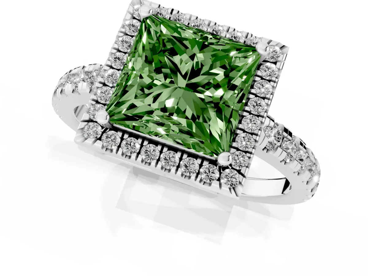 Fancy Green Princess Cut Diamond Halo Ring with Pavé Band and Four-Prong Setting Platinum