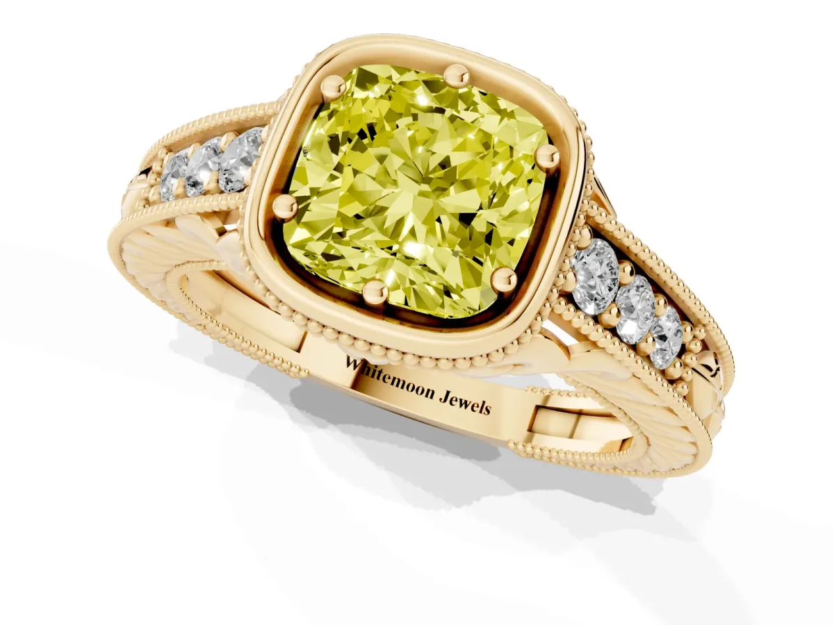 Fancy Yellow Bezel Set Cushion Cut Diamond Milgrain Pave Engagement Ring Yellow gold