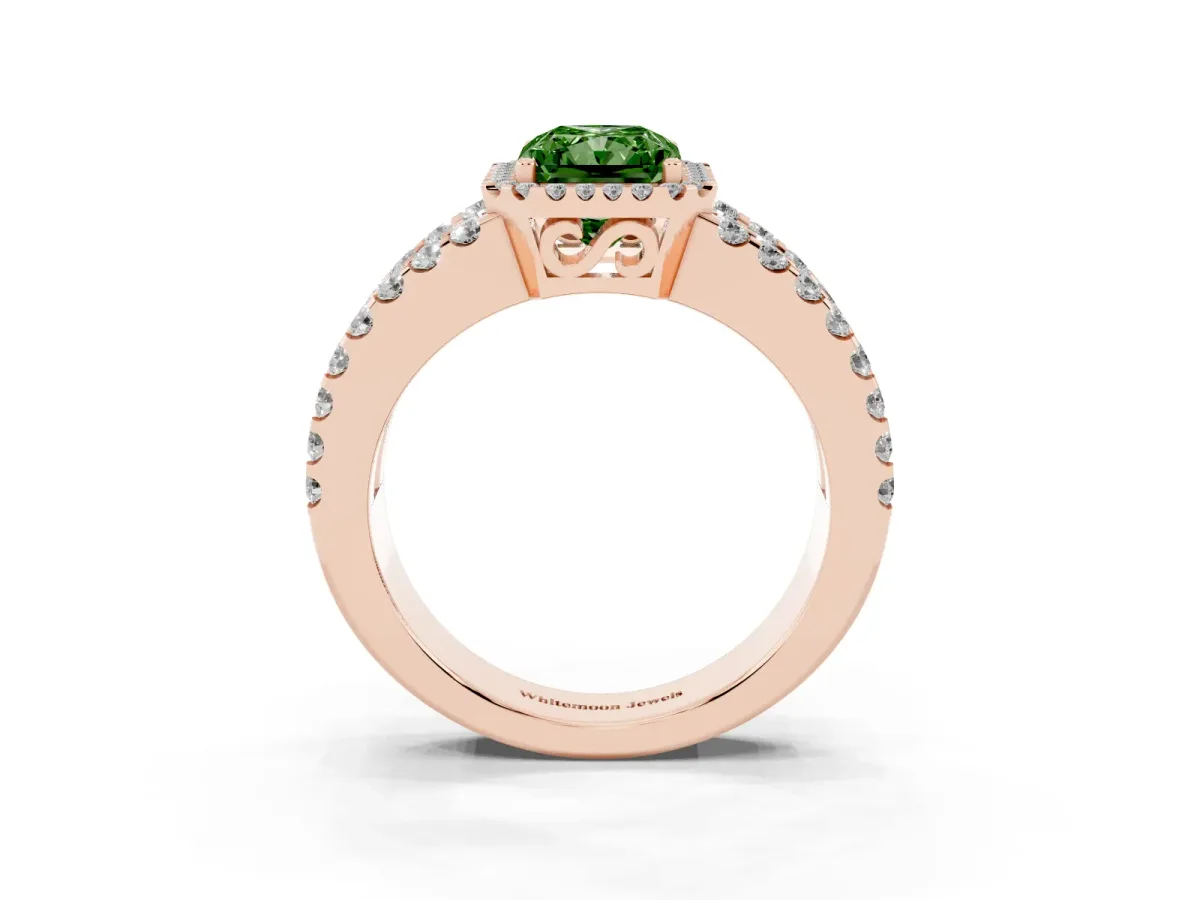 Fancy Green Radiant Cut Cut Halo Split Shank Diamond Ring with Four-Prong Setting Rose gold