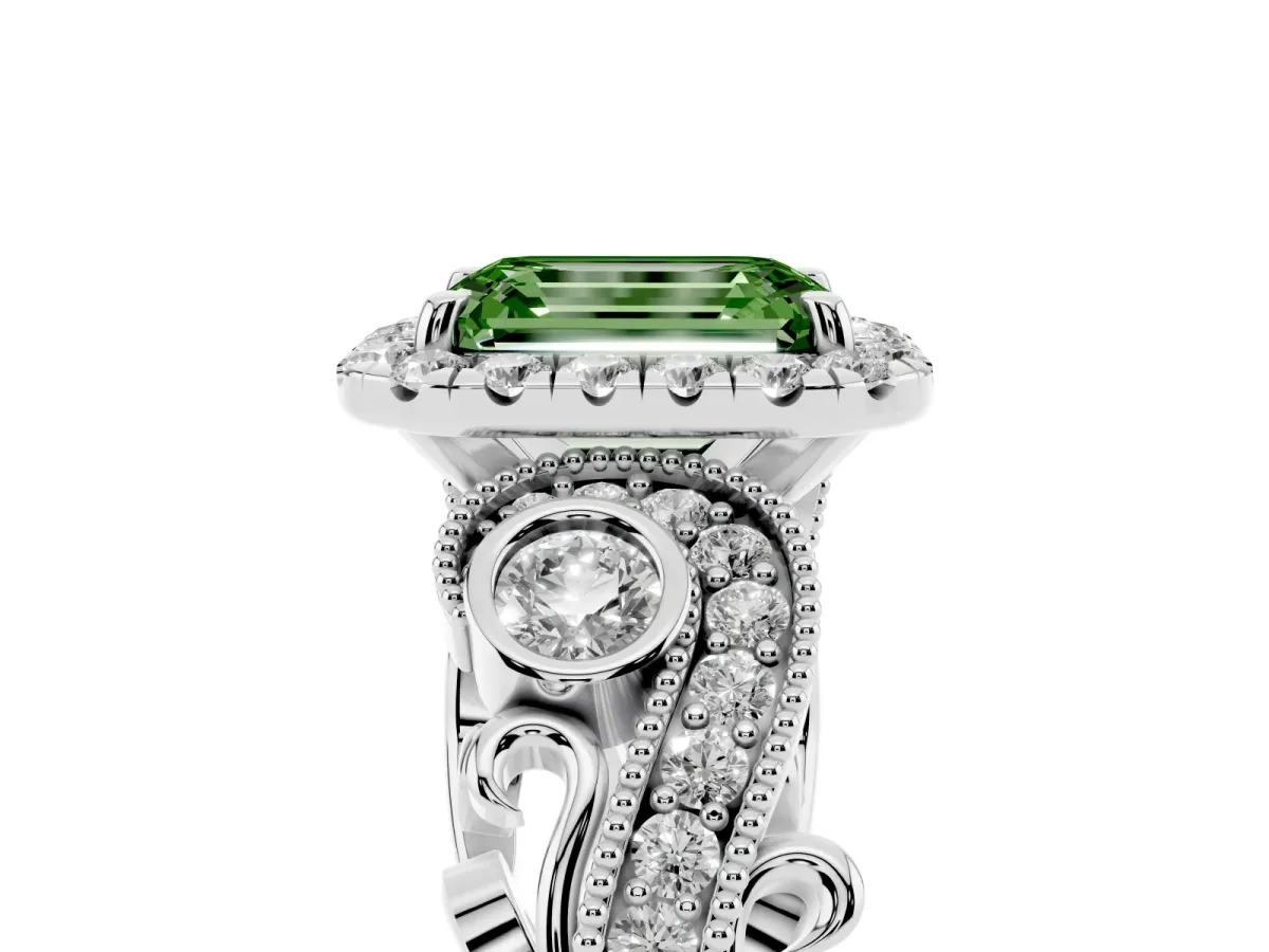 Fancy Green Emerald Cut Halo Diamond Ring with Milgrain and Bezel Accents on a Split Shank Band White gold