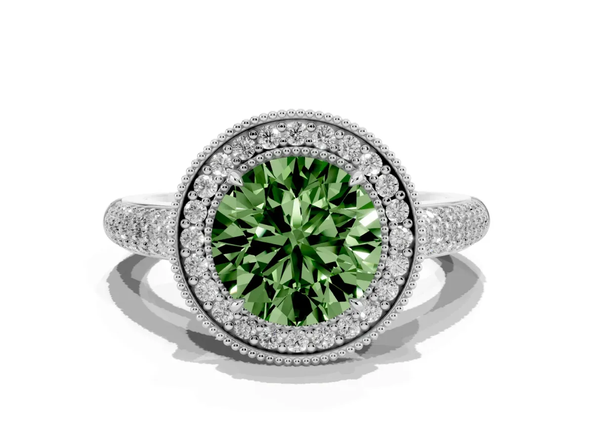 Fancy Green Round Cut Cut Halo Diamond Pave Band with Four-Prong Setting Platinum