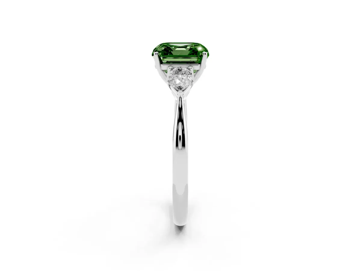 Fancy Green Three-Stone Asscher Cut Brilliant Diamond Solitaire Ring with Tapered Band and Four-Prong Setting Silver