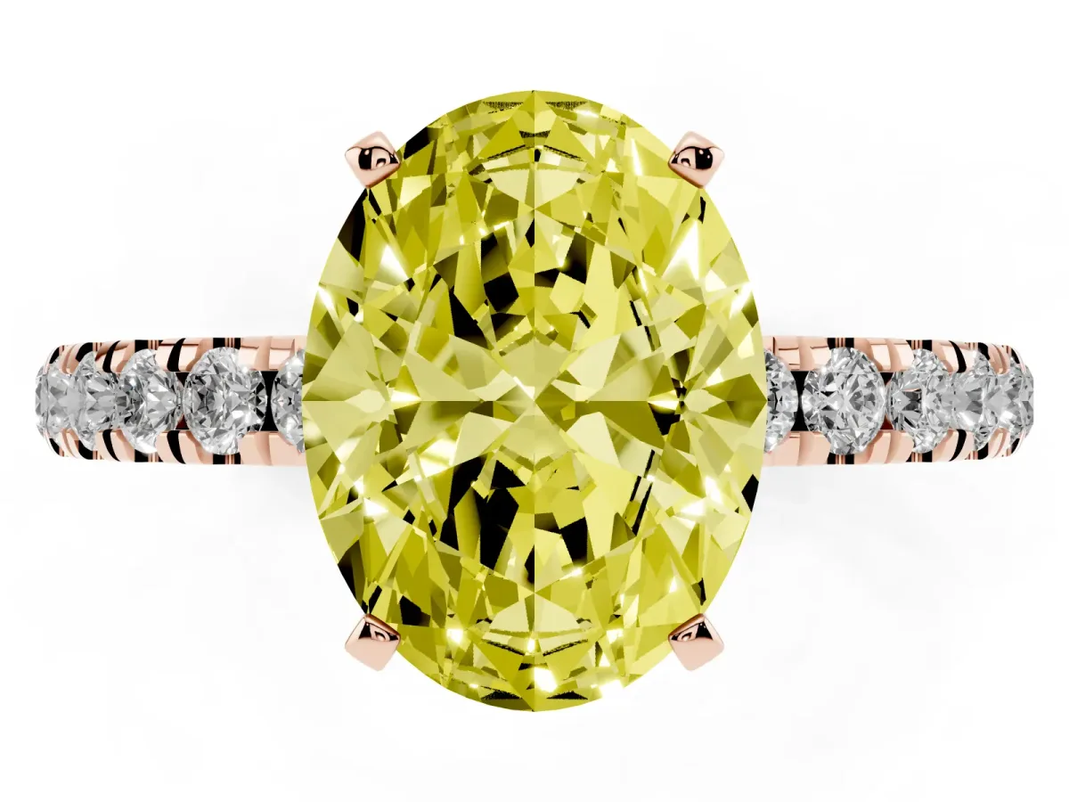 Fancy Yellow Oval Cut Diamond Solitaire Ring with Pavé Accents and Four-Prong Setting Rose gold
