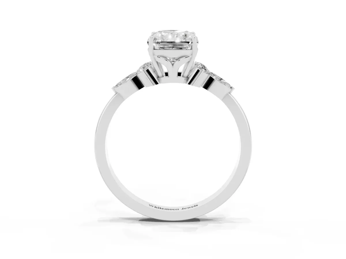 Radiant Cut Brilliant Diamond Solitaire Ring with Pear Side Stones and Four-Prong Setting Silver