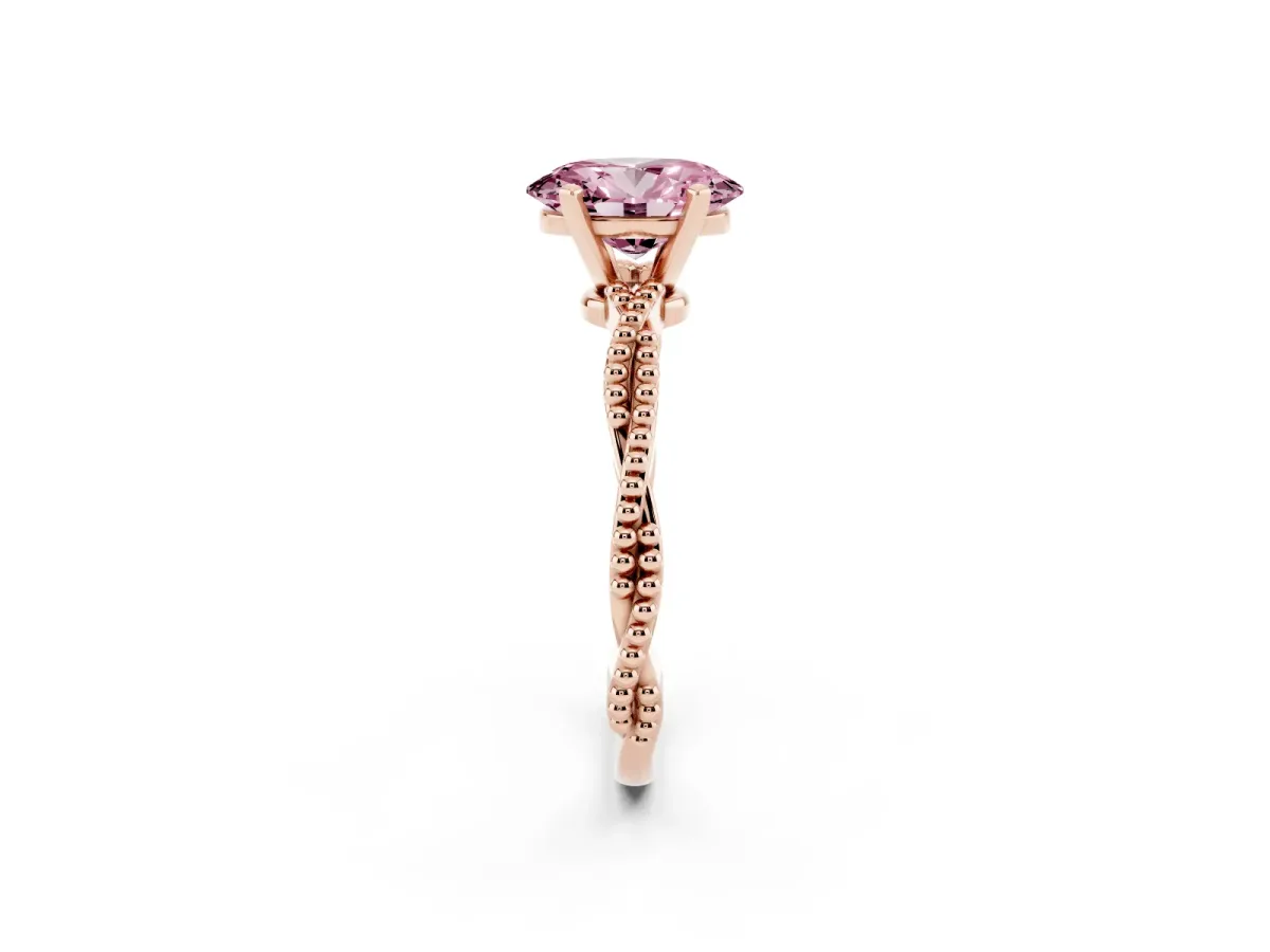 Fancy Pink Oval Cut Solitaire Twisted Band with Bead Prong Setting Rose gold
