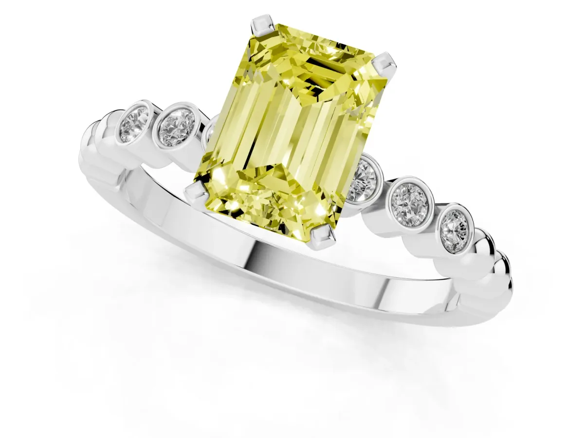 Fancy Yellow Emerald Cut Solitaire Bezel Accent Diamond Engagement Ring with Beaded Band and Four-Prong Setting White gold