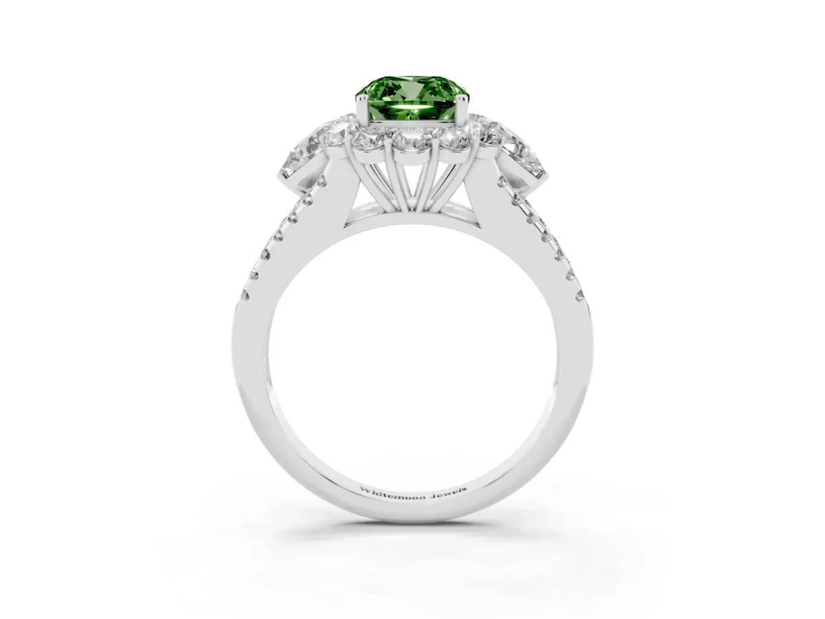 Fancy Green Cushion Cut Halo Split Shank Diamond Engagement Ring with Prong Setting Silver