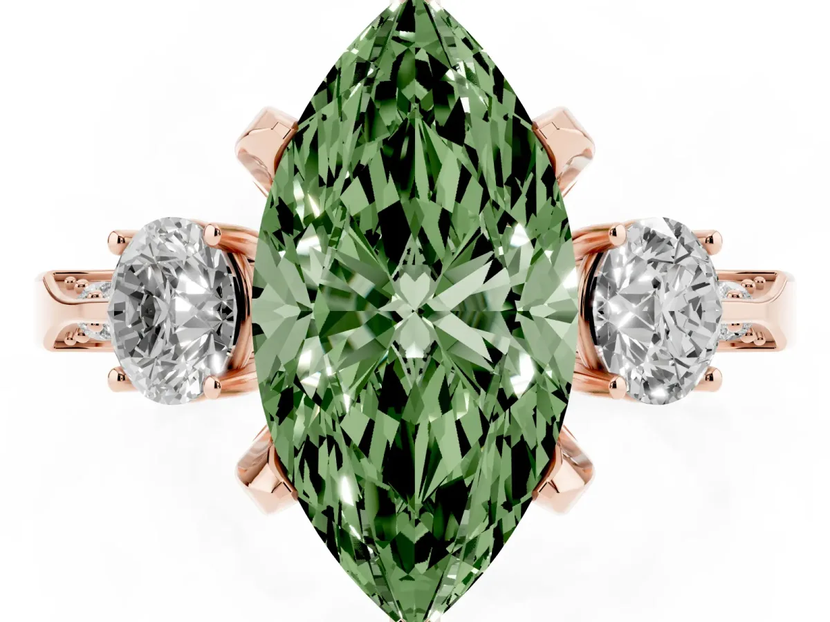 Fancy Green Marquise Cut Brilliant Three-Stone Diamond Ring with Pavé Band and Four-Prong Setting Rose gold