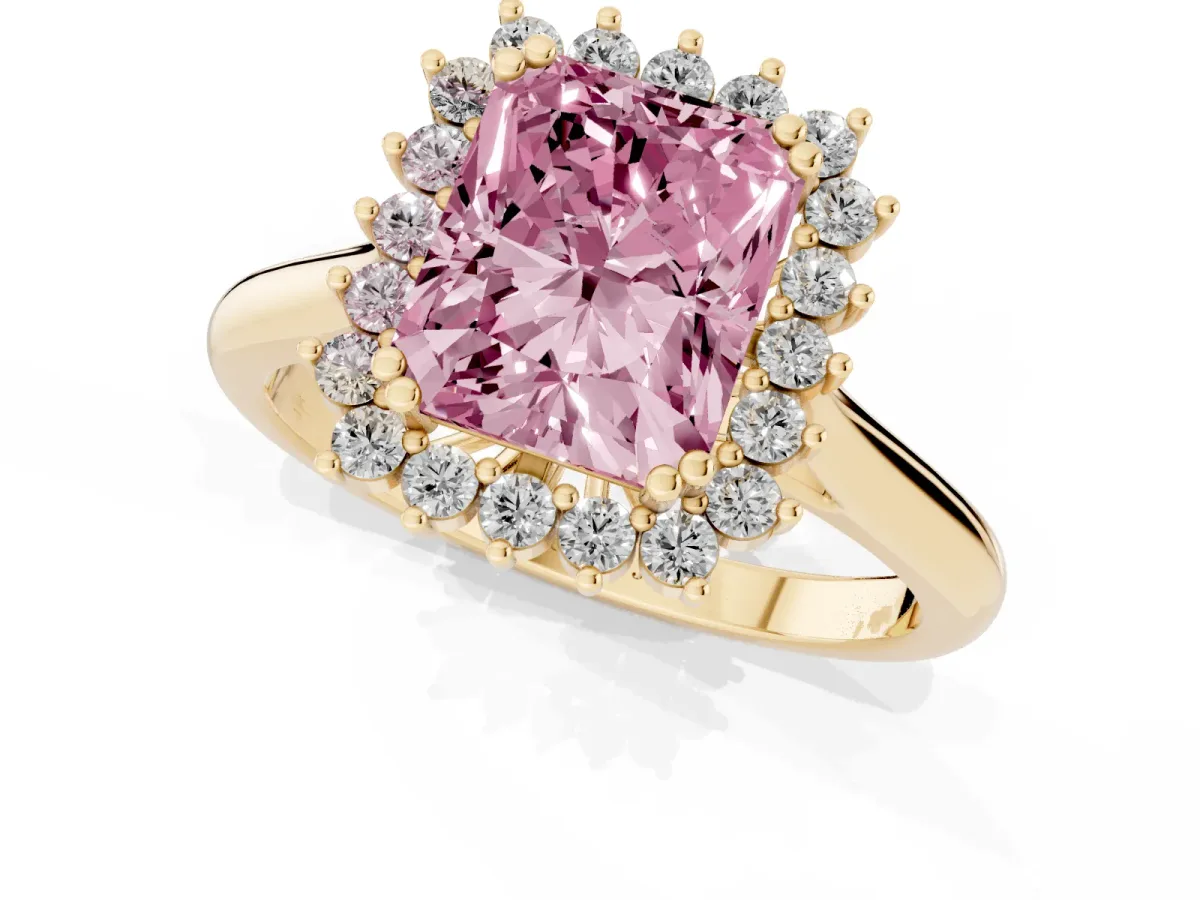 Fancy Pink Radiant Cut Cut Diamond Halo Ring with Solitaire Band and Prong Setting Yellow gold