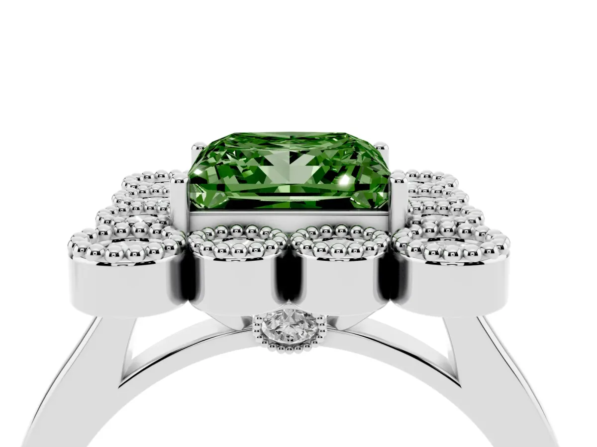 Fancy Green Princess Cut Halo Diamond Cluster Engagement Ring with Milgrain Bezel Setting and Solitaire Band White gold