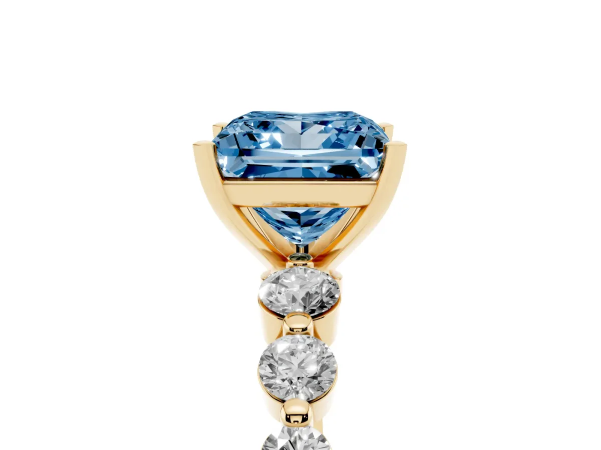 Fancy Blue Princess Cut Solitaire Diamond Ring with Pave Band and Four-Prong Setting Yellow gold