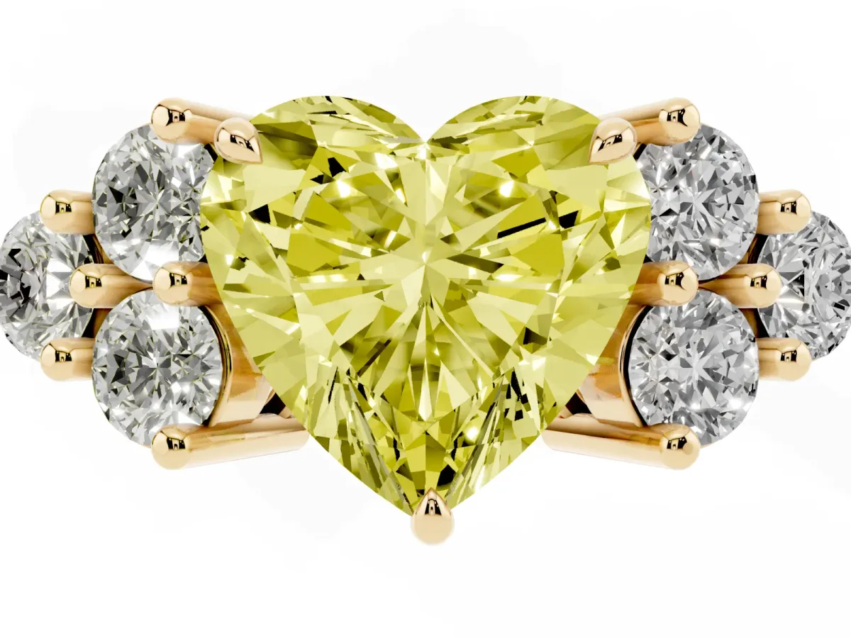 Fancy Yellow Heart Cut Brilliant Diamond Cluster Accent Solitaire Ring with Prong Setting Yellow gold