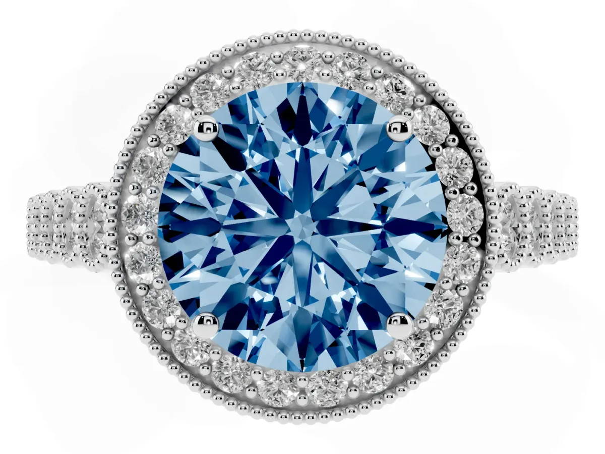 Fancy Blue Round Cut Halo Milgrain Solitaire with Bezel Set Side Stones and Pave Band Silver