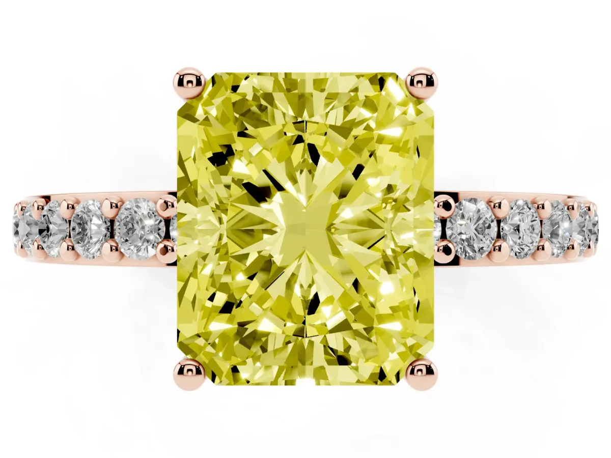 Fancy Yellow Radiant Cut Cut Diamond Solitaire with Pave Band and Four-Prong Setting Rose gold