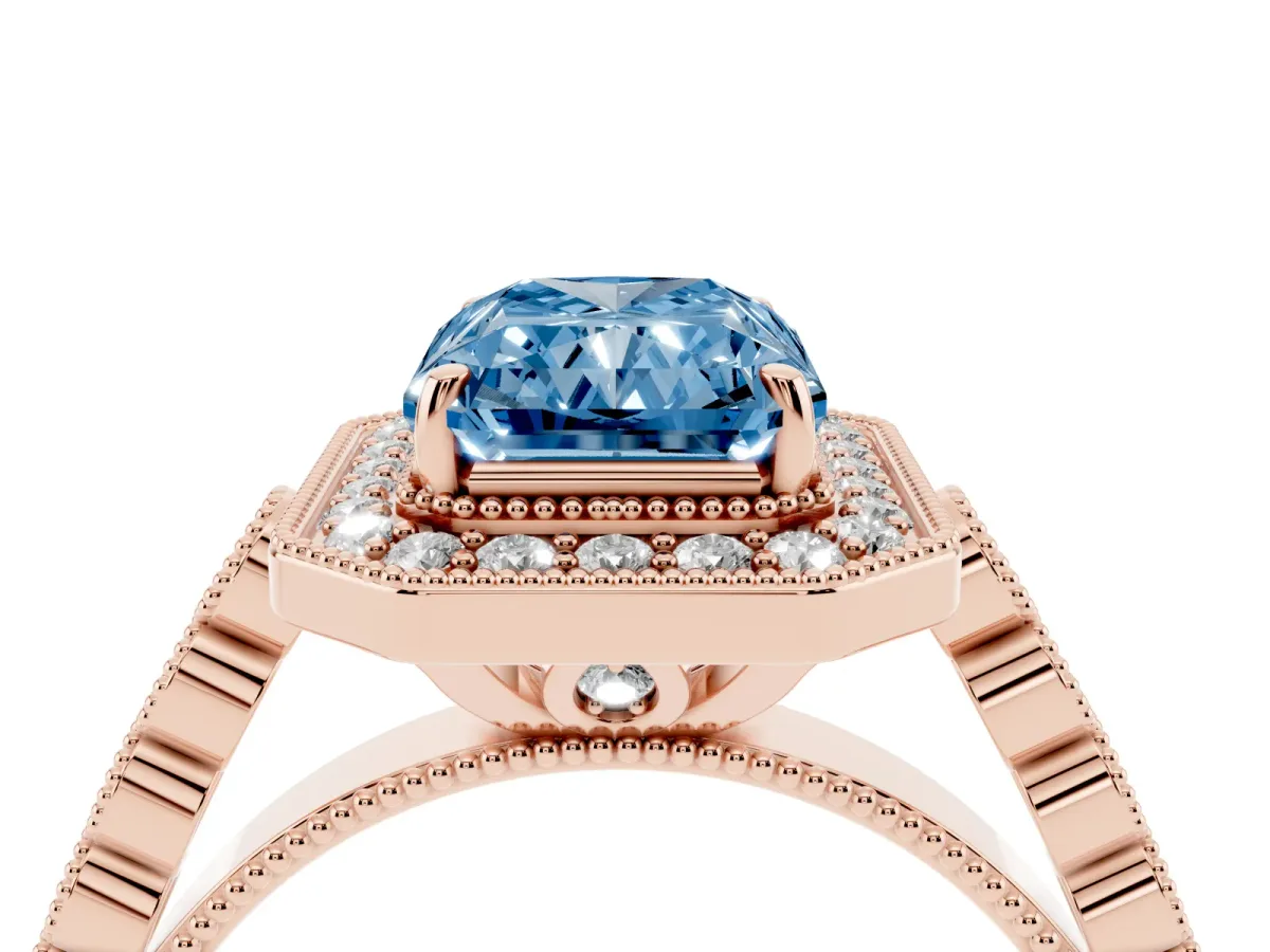 Fancy Blue Radiant Cut Halo Milgrain Solitaire with Bezel Set Side Stones and Pave Band Rose gold